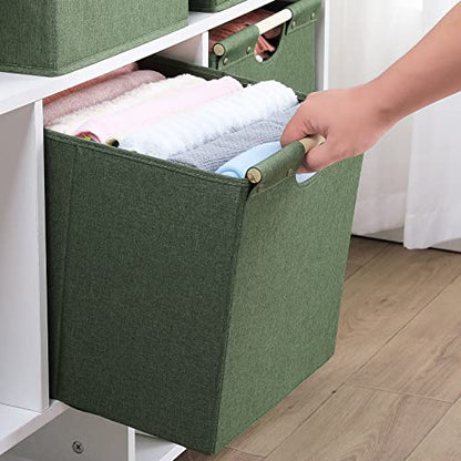 HOONEX Large Collapsible Storage Bins, Linen Fabric, Pack of 2, Storage Baskets with Wooden Carry Handles and Sturdy Heavy Cardboard, for Home, Office, Car, Nursery, Olive - color: Olive