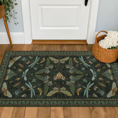 2x4 Entry Way Rugs Indoor - Dark Green Putdoor Rug for Kitchen, Bathroom, Insect Boho Design, Washable Non Slip Stain Resistant - color: Dark Green, size: 2' x 4' (Rectangular)