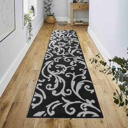 Hallway Runner Rug Non Slip Rubber Backing, 26 inch x 6 ft, Scroll, Black & White, Heavy Duty Berber Style Carpet Runner for Entryway, Kitchen, Bathroom, Bedroom, Laundry Room. - color: Scroll Black, size: 6 Foot Long Runner Rug