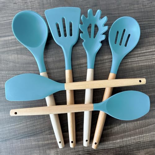 Kitchen Utensils Set 6-Piece Non-Stick Silicone Cooking Utensils Set, Wood Handle Heat Resistant Spatula Spoon Turner Ladle Pasta Server Cooking Kitchen Gadgets BPA Free for Nonstick Cookware - color: Light Blue, size: Standard 6-Piece Set
