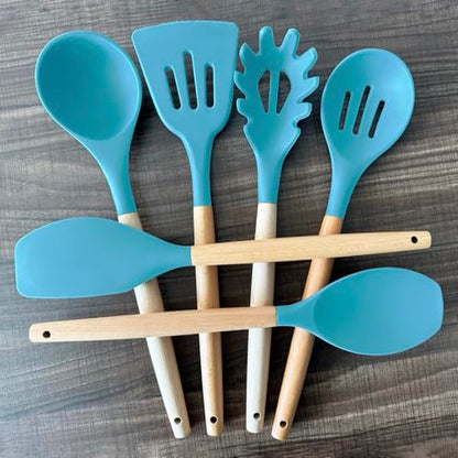 Kitchen Utensils Set 6-Piece Non-Stick Silicone Cooking Utensils Set, Wood Handle Heat Resistant Spatula Spoon Turner Ladle Pasta Server Cooking Kitchen Gadgets BPA Free for Nonstick Cookware - color: Light Blue, size: Standard 6-Piece Set