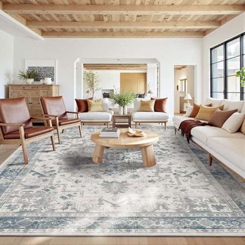 10x14 Washable Area Rug for Living Room, Extra Large,Vintage Boho | Machine Washable,Soft,Non-Slip,Large Rug,Stain Resistant Low Pile Carpet for Office Dining Room Kitchen Home Deco - color: Blue & Grey, size: 10' x 14' (Rectangular)