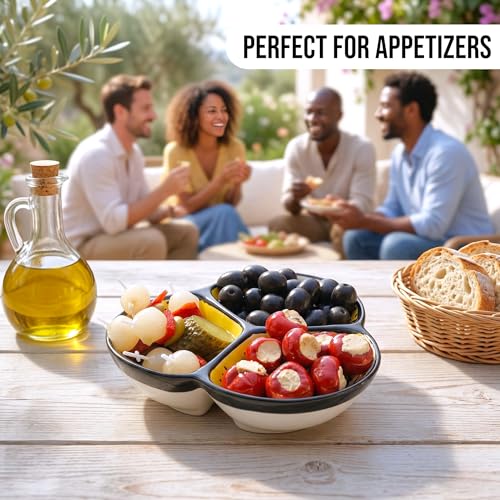 3-Compartment Ceramic Serving Dish, Handmade in Spain | 7.5” divided chip and dip bowl with lead-free glaze, microwave, oven and dishwasher safe, ideal for tapas, snacks and sauces - color: Onyx Yellow