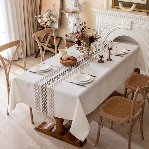Joyfol Day Linen Tablecloths for Rectangle Table, Heavy Duty Beige Embroidery Tablecloths, Burlap Farmhouse Tablecloth, Waterproof and Wrinkle Free Table Cover, 86''x 55'' - color: Brown Wheat, size: 86" x 55" (Rectangular)