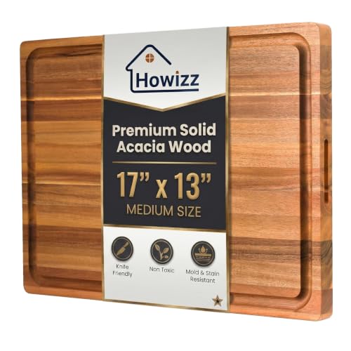 Howizz Solid Acacia Wood 17"x13" Cutting Board, Extra Thick Edge Grain Butcher Block For Kitchen, Non Toxic Pre-Oiled Carving Board, Juice Grooves and Easy Grip Handle, Thick 1.5" Gift-Ready Box - color: Upgraded Edge Grain, size: 17"L x 13"W
