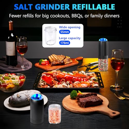 Gravity Electric Salt and Pepper Grinder,BoAn Battery Salt and Pepper Grinder Set,One-Hand Ceramic Larger Chamber Automatic Spice Mill,Adjustable Coarseness with LED Light for Kitchen New Home Gifts