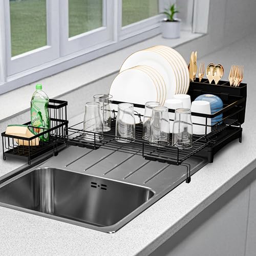 2 IN 1 Expandable Dish Drying Rack plus Sponge Organizer, Stainless Steel Drying Rack with Drainer Plate, Kitchen Countertop Organizer Space Saving Utensil Holder, Scratch Resistant and Rust-Proof
