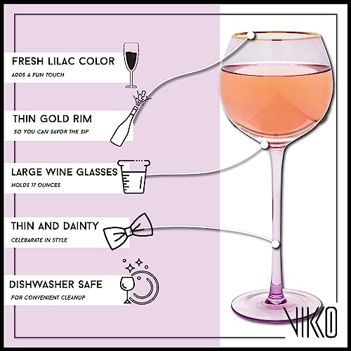 Vikko Lilac Wine Glasses, 17 Oz, Set of 4 Stemmed Glasses with Gold Rim, Perfect for Red & White Wine