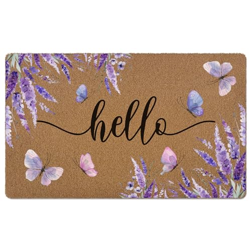 Lavender Floral Hello Door Mat, Summer Purple Flower Butterfly Welcome Artificial Coir Front Door Mat Indoor Outdoor Entrance, Rustic Farmhouse Doormat Rug for Porch Entryway Patio Decor,17X30 - color: Lavender-1
