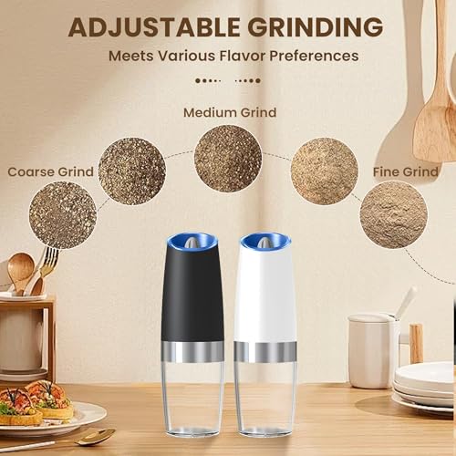 Battery Gravity Salt Pepper Grinder Set, 2 Pack (Black & White) | Gravity Automatic Grinder With LED Light & Adjustable Roughness, Each Requires 6 AAA Batteries For Kitchen Daily Seasoning - color: Battery/Set/ Black+White