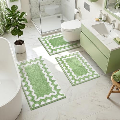 Findosom Bathroom Rugs Sets 5 Piece, Absorbent Soft Non-Slip Bath Rug Set | Washable Microfiber Shaggy Bath Mat Set with Bathroom Runner Rug, U-Shaped Toilet Rugs, Shower Rug & Toilet Lid Cover, Green - color: Green & White, size: 18"x26"+20"x32"+20"x48"+