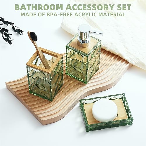 GAHEFY Sage Green Bathroom Accessories Set, Toothbrush Holder, Soap Dispenser, Cotton Swabs Holder, Soap Dish, Toilet Brush with Holder, Boho Bamboo Bathroom Decor,Acrylic (Green) - style: Green-5pcs
