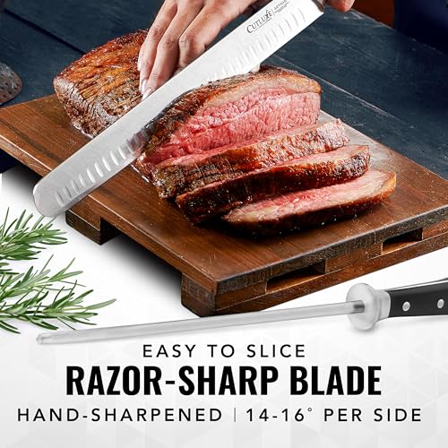 Cutluxe BBQ Carving Set, 12" Brisket Knife & 10" Honing Rod for Meat | Butcher Slicing Blades, Ultra Sharp German Steel, Ergonomic Pakkawood Handles – Artisan Series - size: 2 Pcs Brisket Knife Set