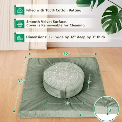Hihealer Meditation Cushion, Traditional Tibetan Meditation Pillow Velvet Cover - Large Floor Cushion Seating for Adults - Yoga Buckwheat Bolster for Women、Moms - color: Serenity Green(set)