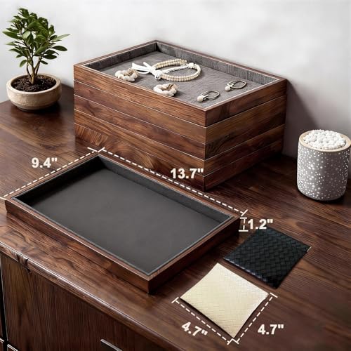 Large Solid Wood Jewelry Watch Tray, Velvet Jewelry Board Display Trays for Key Wallet Ring，Stackable Wooden Jewelry Drawer Organizer Showcase Jewelry Holder(Grey) - color: Gray