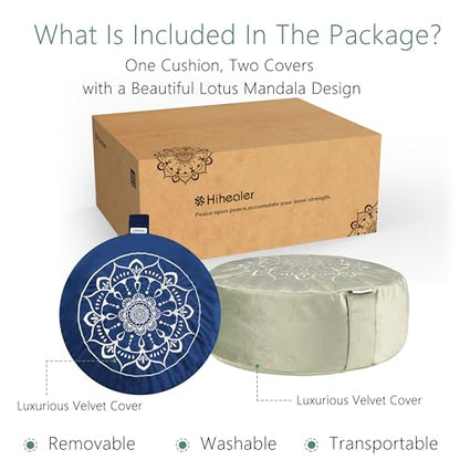 Hihealer Meditation Cushion, Traditional Tibetan Meditation Pillow Velvet Cover - Large Floor Cushion Seating for Adults - Yoga Buckwheat Bolster for Women、Moms - color: Serenity Navy & Green