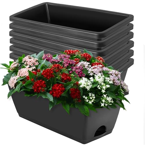 LOCONHA 7 Pack Window Box Planter, Plastic Vegetable Flower Planters Boxes | 17 Inches Rectangular Flower Pots with Saucers, Indoor Outdoor Garden Patio, Home Decor ( Dark Grey) - color: Dark Grey