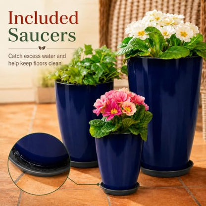 Neoaider Set of 3 Tall Planter, 24/21/12in Large Plastic Planter, Blue | Ceramic-Look, Lightweight, Built-in Drain Hole, Saucers, Tall Outdoor Planter for Porch, Garden, Patio, Balcony - color: Blue