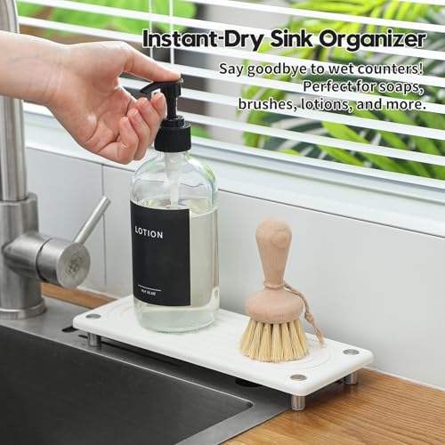 Water Absorbing Stone Sink Caddy, Diatomite Kitchen Sink Organizer, Bathroom Counter Tray, Faucet Drying Mat Coaster Soap Dish Rack Riser Dispenser Sponge Holder, Silver, White 10" x 4" - color: 10"x 4" - White
