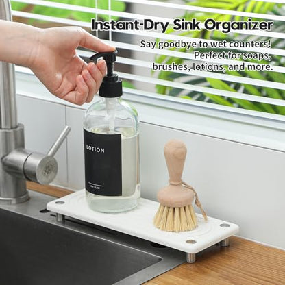 Water Absorbing Stone Sink Caddy, Diatomite Kitchen Sink Organizer, Bathroom Counter Tray, Faucet Drying Mat Coaster Soap Dish Rack Riser Dispenser Sponge Holder, Silver, White 10" x 4" - color: 10"x 4" - White