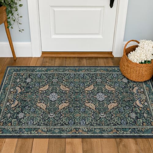 Washable Floral Small 2x4 Thin Door Mats for Inside Entry, Dark Blue Bird Non Slip Kitchen Rug, Low Pile Bathroom Rug, Traditional Carprt for Bedroom Besdide Bed - color: Blue, size: 2' x 4' (Rectangular)