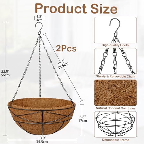 2 Pack 14 inch Metal Hanging Baskets for Plants Outdoor Metal Wire Hanging Basket Planter with Coco Fiber Liners Flower Pots for Home Porch Garden Patio, Diamond-Shaped - size: 14" x 2 Pack, style: Diamond
