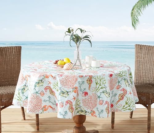 Newbridge Vinyl Round Tablecloth with Flannel Backing, 70 Inch, Neponsit Sea Life, Waterproof, Soil Resistant Dining Room, Party and Banquet Table Cover, Starfish, Seahorses and Coral, Blue - size: 70" (Round)