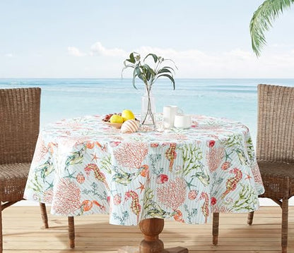 Newbridge Vinyl Round Tablecloth with Flannel Backing, 70 Inch, Neponsit Sea Life, Waterproof, Soil Resistant Dining Room, Party and Banquet Table Cover, Starfish, Seahorses and Coral, Blue - size: 70" (Round)