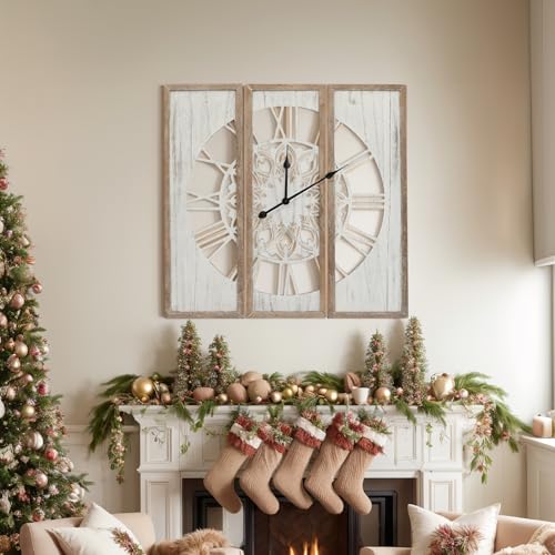 RiteSune Unique 30" Wall Clock for Living Room Decor | Oversized Farmhouse Wall Clock Battery Operated, Triptych Panel Wooden Large Clock Wall Art for Bedroom Entryway - color: White2, size: 30 Inch