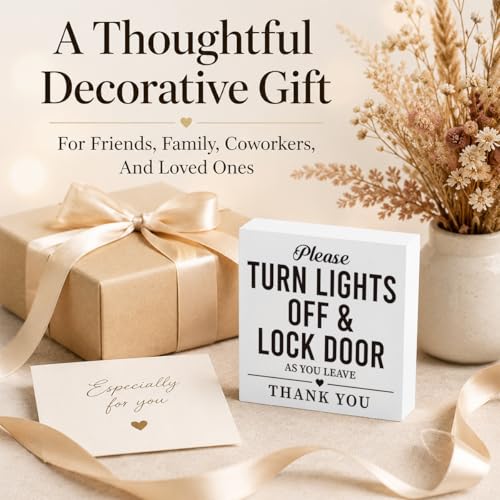 Home Safety Reminder Sign White Wood Box Plaque, Turn Lights Off and Lock Door as You Leave Farmhouse Tabletop Shelf Accent for Entryway Office 5x5 Inches - color: Homre Sign 26