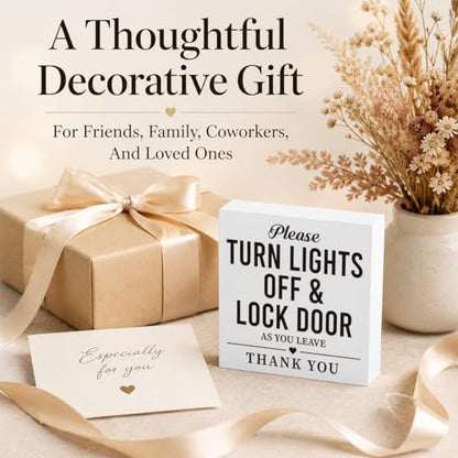 Home Safety Reminder Sign White Wood Box Plaque, Turn Lights Off and Lock Door as You Leave Farmhouse Tabletop Shelf Accent for Entryway Office 5x5 Inches - color: Homre Sign 26