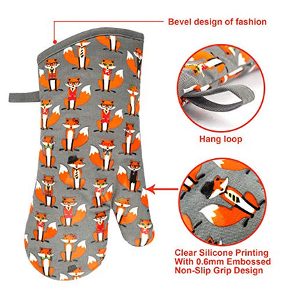 Oven Mitts 1 Pair, Non Slip Clear Silicone Printed Rooster Kitchen Gloves | Heat Resistant 480 ℉ Comfortable Cotton Lining Kitchen Men Cooking Barbecue Machine Washable (Fox, Gray Mittens) - color: Fox, Gray Mittens