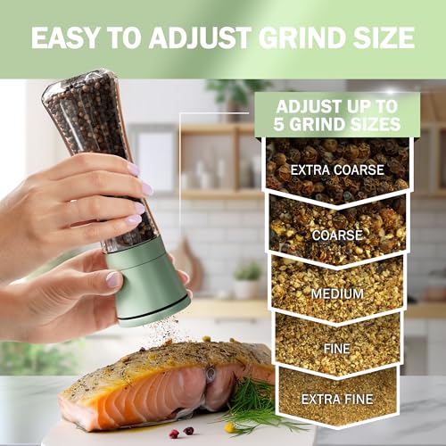 Home EC Premium Green Sea Salt and Pepper Grinder Set of 2 - Adjustable Ceramic - Tall Glass Salt and Pepper Shakers - Kitchen Pepper Mill & Salt Mill W/Funnel & EBook - color: Green Cap/Clear Glass, size: 2pk
