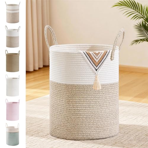53L Tall Cotton Rope Laundry Basket with Handles, Brown | Storage Bin for Clothes, Blankets & Kids Toys, Boho Woven Hamper, Portable Organizer for Nursery, Bedroom, Living Room - color: Brown, size: 53L