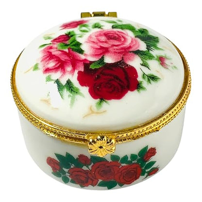 Tiny Round Porcelain Trinket Box | Pink Rose Bouquet | French Style Gift Box with Velvet Bag - style: Pink Rose Bouquet Round
