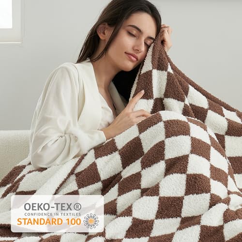 Snuggle Sac Checkered Bedding Blanket Twin Size 60x80, Super Soft Cozy Warm Knit Blankets, Reversible Breathable Lightweight Fluffy Throws for Sofa Bed, Checkered Brown, 60x80 Inches - color: Checkered Brown, size: Twin(60"x 80")