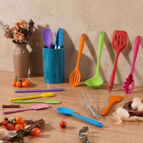 LIANYU 14 Pcs Silicone Kitchen Cooking Utensils Set with Holder, Colorful | 446°F Heat Resistant Silicone Cooking Utensils Spatula Set, Non-Stick & Dishwasher Safe Cooking Tools, Comfort Grip Handle - color: Colorful