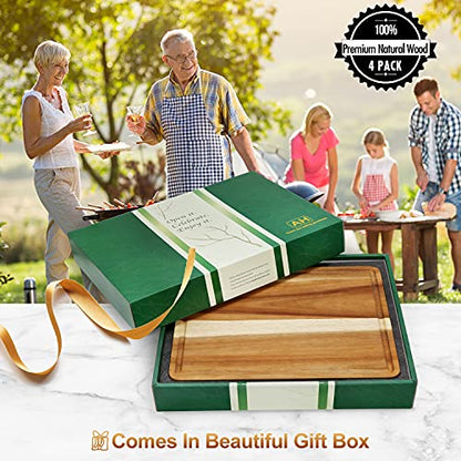Large Solid Acacia Wooden Chopping Board Set of 4 for Kitchen | FSC-certified Wood Cutting Board Set of 4(16x12, 14x10, Double 11x8 inch)Juice Groove,Handles,Non-slip Mats,Thick,Reversible - size: 16"L x 12"W