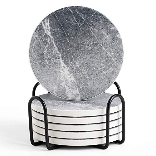 LIFVER Coasters for Drinks Absorbent, Living Room Decor, Ceramic Coasters Set of 6 with Cork Base, Protect Wooden Table or Furniture from Scratched, Drink Coasters with Holder - Grey - color: Cement Marble, size: 6 Pack