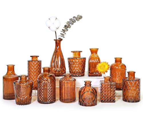 SUPMIND Glass Bud Vases Set of 12, Small Dark Brown Flower Vases in Bulk | Amber Mini Vintage Vase for Table Centerpieces, Wedding, Home Decor, Table Decoration, Baby Shower, Party Decor - color: Amber, size: 12Pcs