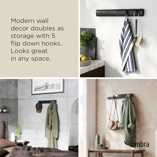 Umbra Flip Coat Rack, Wall Mounted 5-Hook Space Saving, Black/Black | Real wood and steel build, retractable hooks fold flat, holds coats bags and scarves, easy install - color: Black/Black, size: 5-Hook