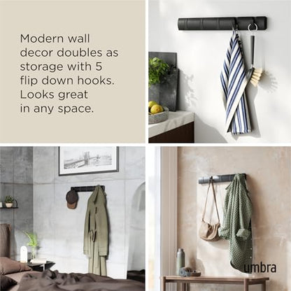 Umbra Flip Coat Rack, Wall Mounted 5-Hook Space Saving, Black/Black | Real wood and steel build, retractable hooks fold flat, holds coats bags and scarves, easy install - color: Black/Black, size: 5-Hook