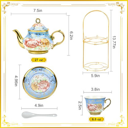20 Pieces Porcelain Tea Set With Metal Holder, European Ceramic tea set for adults,Flower Tea Set,Tea Set For Women With Flower Painting - color: Sky Blue