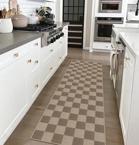 Easy Jute Checkered Runner Rug, 2x6 Brown Modern Washable Rugs Runner for Hallway Non-Slip Kitchen Runner Rug, Farmhouse Checkerboard Indoor Outdoor Carpet for Porch Laundry Entryway - color: Brown Checkered, size: 2' x 6' (Runner)