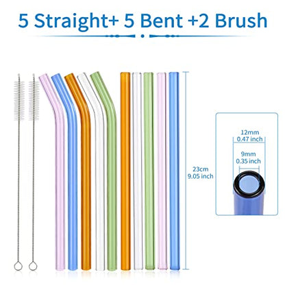 10 Pcs Reusable Glass Smoothie Straws,9''x12 mm Glass Drinking Straws for Milkshakes, Tea, Juice,Set of 5 Straight and 5 Bent with 2 Cleaning Brushes -Dishwasher Safe(Colorful)