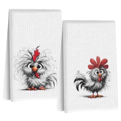 2 Pcs Funny Chicken Kitchen Towels, Chickens Gifts Absorbent Hand Towel | Chicken Lover Gifts for Women Mom, Waffle Dish Towels for Kitchen Home Decor, 24x14 Inch - color: Multi 1488