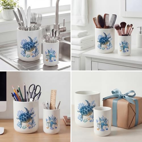 2 Pack Ceramic Utensil Holder 6.3" + 5.1" Ocean Theme Coastal Kitchen Crocks for Countertop Storage, Sea Turtle & Starfish Design, Decorative Utensil Organizer for Beach House Decor