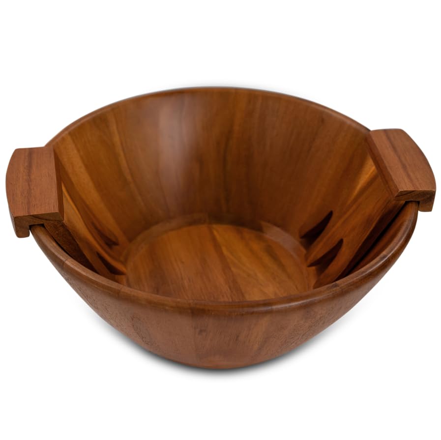 Acacia Wood Salad Serving Bowl Set – Large Wooden Bowl with Forks for Salads, Fruits & Meals – Easy to Clean, Food-Safe, Perfect for Entertaining & Gift Giving