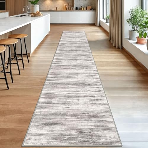 KOZYFLY Modern Abstract Washable Rug Runner 2.6x16 Hallway Rug Runner Non-Slip Soft Kitchen Runner Rugs, Grey/Light Beige/Brown Striped Carpet for Stair Entryway Bathroom - color: Grey/Light Beige/Brown, size: 2'8" x 16' (Runner)