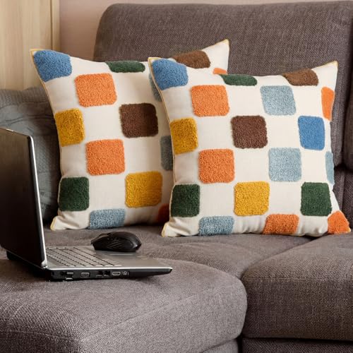 2 Pcs Embroidered Plaid Throw Pillow Cover 18x18 Inches Modern Geometric Tufted Decorative Square Pillow Cover Boho Plaid Cushion Case for Couch Sofa Bedroom Living Room Home Chair Decor - style: Geometric